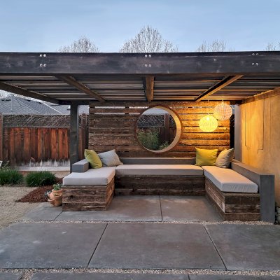 Modern Louvered Garden Pergola (Options: 16' L x 14' W, 8'' x 8'' Posts, Mobile Louvers, California Redwood, 9.5 ft H Posts, No Electrical Wiring Trim, No Curtain Rods, Custom Anchors, No Post Decorative Trims, No Ceiling Fan Base, Custom Finish). Photo Courtesy of T. Elam of San Jose, CA.