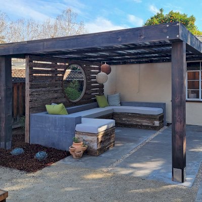Modern Louvered Garden Pergola (Options: 16' L x 14' W, 8'' x 8'' Posts, Mobile Louvers, California Redwood, 9.5 ft H Posts, No Electrical Wiring Trim, No Curtain Rods, Custom Anchors, No Post Decorative Trims, No Ceiling Fan Base, Custom Finish). Photo Courtesy of T. Elam of San Jose, CA.