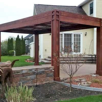 Modern Louvered Garden Pergola (Options: 10' L x 18' W, 8'' x 8'' Posts, Mobile Louvers, Mature Redwood, 9 ft H, 2 Electrical Wiring Trims, 4 Post Anchor Kit for Concrete, Custom Vertical Post Decorative Trims, No Ceiling Fan Base, Coffee-Stain Premium Sealant). Photo Courtesy of D. Gauthier of Liverpool, NY.