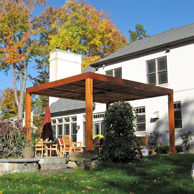 Modern Louvered Garden Pergola (Options: 18' L x 14' W, 8'' x 8'' Posts, Mobile Louvers, California Redwood, 9ft H, No Electrical Wiring Trim, 4 Post Anchor Kit for Stone, brick or Concrete, No post decorative trims, No Ceiling Fan Base, No Curtain Rods, Transparent Premium Sealant). Photo Courtesy of P. Falla of Putnam Valley, NY.