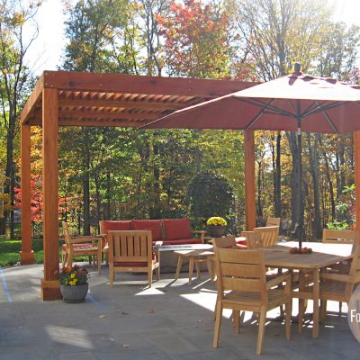 Modern Louvered Garden Pergola (Options: 18' L x 14' W, 8'' x 8'' Posts, Mobile Louvers, California Redwood, 9ft H, No Electrical Wiring Trim, 4 Post Anchor Kit for Stone, brick or Concrete, No post decorative trims, No Ceiling Fan Base, No Curtain Rods, Transparent Premium Sealant). Photo Courtesy of P. Falla of Putnam Valley, NY.