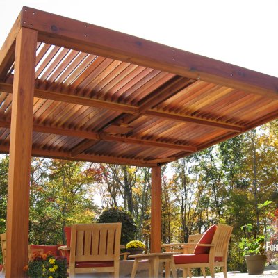 Modern Louvered Garden Pergola (Options: 18' L x 14' W, 8'' x 8'' Posts, Mobile Louvers, California Redwood, 9ft H, No Electrical Wiring Trim, 4 Post Anchor Kit for Stone, brick or Concrete, No post decorative trims, No Ceiling Fan Base, No Curtain Rods, Transparent Premium Sealant). Photo Courtesy of P. Falla of Putnam Valley, NY.