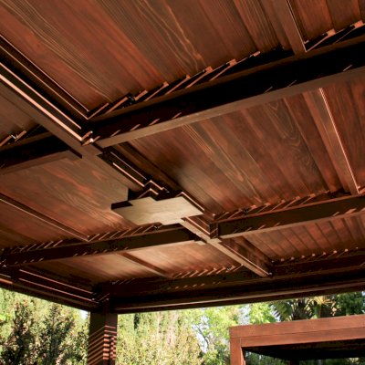 Modern Louvered Garden Pergola (Options: 16' L x 16' W, 10'' x 10'' Posts, Mobile Louvers, California Redwood, 9.5ft H, Electrical Wiring Trim for 1 Post, 4 Post Anchor Kit for Concrete, No post decorative trims, Add a Ceiling Fan Base, 4 Curtain Rods, Coffee Stain Sealant). Photo Courtesy of S. Gillin of Del Mar, CA.