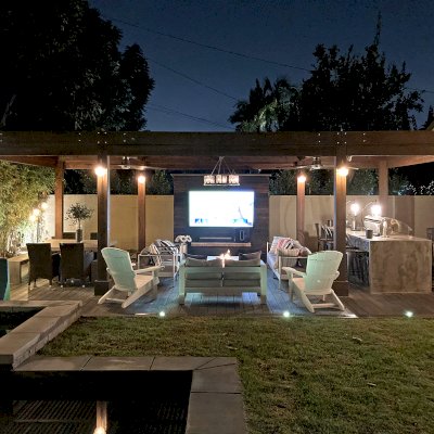 Modern Louvered Garden Pergola (Options: 29' L x 15' W, 8'' x 8'' Posts, Mobile Louvers, California Redwood, 9.5 ft H, 2 Electrical Wiring Trims, Curtain Rod Fascia, 8 Post Anchor Kit for Concrete, No Post Decorative Trims, 2 Ceiling Fan Bases, Coffee-Stain Premium Sealant). Photo Courtesy of M. Brown of Downey, CA.
