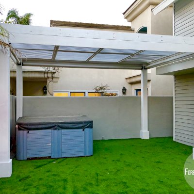 Modern Louvered Garden Pergola (Options: 16' L x 10' W, 8'' x 8'' Posts, Mobile Louvers, California Redwood, 10 ft H, No Electrical Wiring Trim, 4 Curtain Rods, 4 Post Anchor Kit for Concrete, No post decorative trims, No Ceiling Fan Base, Off-White Oil-Based Primer). Photo Courtesy of M. Mckinnon of Newport Beach, California.