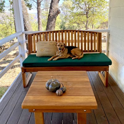 Moonlight Redwood Bench (Options: 6 ft, No Shelf, California Redwood, Forest Green Cushion, No Engraving, Transparent Premium Sealant). Photo Also Shows a Square Side Table. Photo Courtesy of M. Colbruno of Oakland, California.