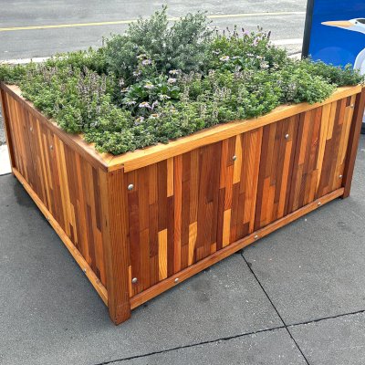 Napa Planters (Options: 48'' L x 48'' W x 24'' H, Mosaic Redwood, 1-inch Feet, Transparent Premium Sealant). Planters can be seen on the Fisherman's Wharf in San Francisco.