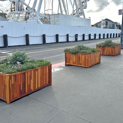 Napa Planters (Options: 48'' L x 48'' W x 24'' H, Mosaic Redwood, 1-inch Feet, Transparent Premium Sealant). Planters can be seen on the Fisherman's Wharf in San Francisco.