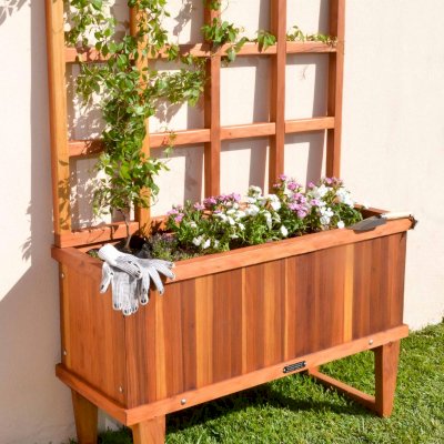 Napa Planters (Options: 48'' L x 18'' W x 18'' H, California Redwood, 12-inch stand, 3' tall Trellis Kit, Interior and Exterior of Box with Sealant (No Growing Vegetables), Transparent Premium Sealant). 