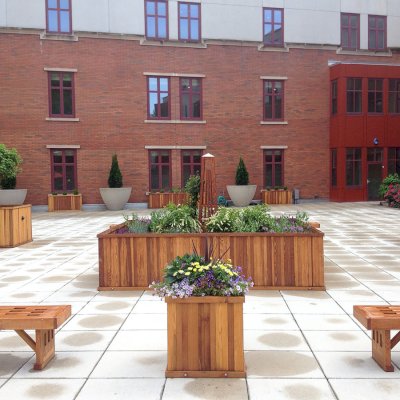 Napa Planters (Options: Different Sizes, California Redwood, No Trellis, No Base or Casters, Interior and Exterior of Box with Sealant (No Growing Vegetables), Transparent Premium Sealant) and Lighthouse Benches (Options: 4 ft, Douglas-fir, 16" W, 17" H). Photo Courtesy of Michael Del Pizzo of Bloomfield, New Jersey.