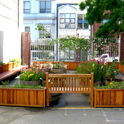 Napa Planters (Options: 60'' L x 18'' W x 24'' H, California Redwood, Add 1 inch feet, No Trellis, Interior and Exterior of Box with Sealant (No Growing Vegetables), Transparent Premium Sealant). Photo Courtesy of School John Yehall Chin of San Francisco.