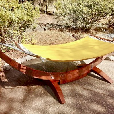 Noah's Arc Wood Hammock (Options: Mature Redwood, Hammock with the Safety Cords Hardware, Coffee-Stain Premium Sealant). Photo Courtesy of M. Tripier of Walnut Creek, CA.