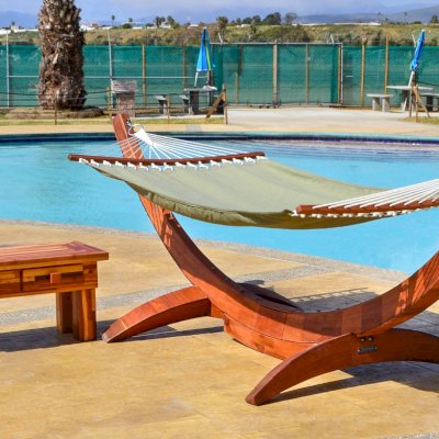 Noah's Arc Wood Hammock (Options: Old-Growth Redwood, Small, Hammock, Transparent Premium Sealant) and Coffee Table.