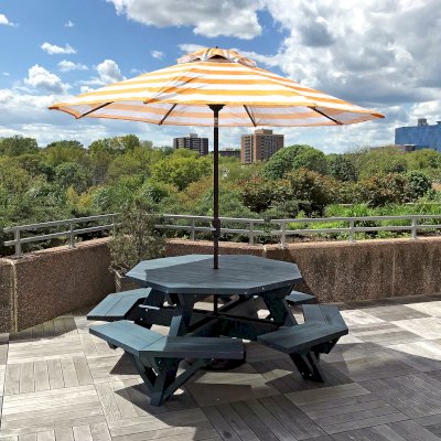 Octagonal Picnic Table (Options: 5' Diameter Tabletop, Attached Benches, Douglas-fir, Standard Tabletop, Rounded Corners, 2" Umbrella Hole, Custom Paint). Photo Courtesy of T. Dunne of Stamford, Connecticut.