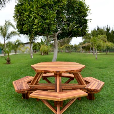 Octagonal Picnic Table (Options: 4' Diameter Tabletop, Attached Benches, Mosaic Redwood, Standard Tabletop, Rounded Corners, No Umbrella Hole, Transparent Premium Sealant).