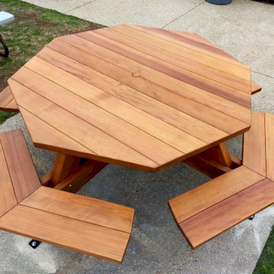 Octagonal Picnic Table (Options: 5' Diameter Tabletop, Attached Benches, California Redwood, Standard Tabletop, 1 5/8" Umbrella Hole, Transparent Premium Sealant). Photo Courtesy of G. Cooley of Dana Point, CA.