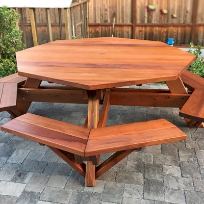 Octagonal Picnic Table (Options: 6' Diameter Tabletop, Attached Benches, California Redwood, Standard Tabletop, Slightly Rounded Corners, 1 5/8" Umbrella Hole, Transparent Premium Sealant). Photo Courtesy of N. Sofia of Pacifica, CA.
