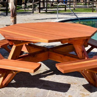 Octagonal Picnic Table (Options: 6' Diameter Tabletop, Attached Benches, Mature Redwood, Standard Tabletop, Rounded Corners, No Umbrella Hole, Transparent Premium Sealant).
