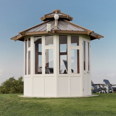 Octagonal Sunroom Gazebo (Options: 8' Diameter, No Deck, California Redwood, Metal Roof, 30" H Siding Below Windows, 7 Standard Window Panels, 1 Double Doors Panel, Clear Acrylic, No Ceiling Fan Base, Transparent Premium Sealant for Interior and Off-White Oil-Based Primer for Exterior). Photo Courtesy of Mr. Robert Nagelberg of The Saticoy Club, 4450 Clubhouse Drive Somis, CA 93066