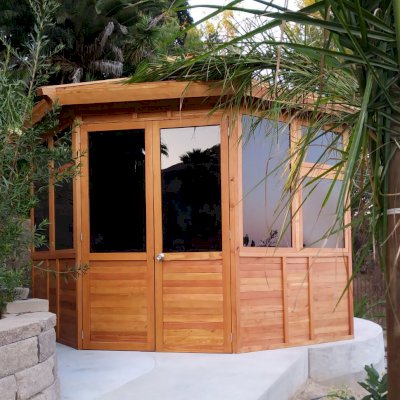 Octagonal Sunroom Gazebo (Options: 12' Diameter, No Deck, Douglas-fir, 36" H Siding Below Windows, 4 Window Panels & Solid Panels, 2 Sets of Doors, Transparent Premium Sealant). Photo Courtesy of Y. Fang of Diamond Bar, CA.
