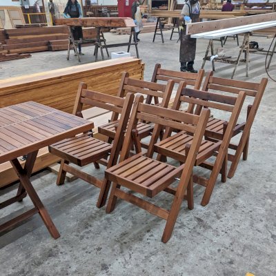 Outdoor Rectangular Folding Table Set in Production (Options: 72" L, 30" W, 6 Chairs, Old-Growth Redwood, Standard Tabletop, Boards Laid in the Same Direction, Transparent Premium Sealant).