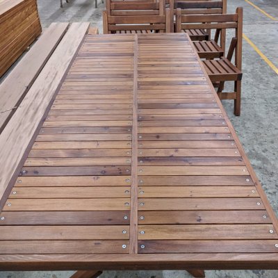 Outdoor Rectangular Folding Table Set in Production (Options: 72" L, 30" W, 6 Chairs, Old-Growth Redwood, Standard Tabletop, Boards Laid in the Same Direction, Transparent Premium Sealant).