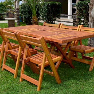Outdoor Rectangular Folding Table (Options: 72" L, 35'' W, 6 Chairs, California Redwood, Standard Tabletop, Checkerboard Design Tabletop, Rounded Corners, Umbrella Hole (Umbrella not included), Transparent Premium Sealant). Photo Courtesy of El Laurel Resort of Baja, Mexico. 