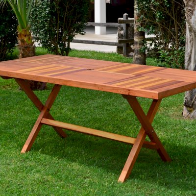 Outdoor Rectangular Folding Table (Options: 72" L, 35'' W, No Seating, California Redwood, Standard Tabletop, Checkerboard Design Tabletop, Rounded Corners, Umbrella Hole (Umbrella not included), Transparent Premium Sealant). Photo Courtesy of El Laurel Resort of Baja, Mexico.