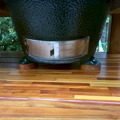 Outdoor Table With Built In Grill (Options: 6' L, 34 1/2" W, Mosaic Redwood, Two Shelves, Squared Corners, 32"H, 21 1/2-inch Grill Opening, 16-inch Grill Support Shelf Height, Transparent Premium Sealant). Legs aligned to tabletop by custom request. Photo Courtesy of Christopher Barty of Irvine, CA.