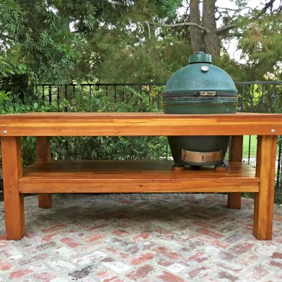 Outdoor Table With Built In Grill (Options: 6' L, 34 1/2" W, Mosaic Redwood, Two Shelves, Squared Corners, 32"H, 21 1/2-inch Grill Opening, 16-inch Grill Support Shelf Height, Transparent Premium Sealant). Legs aligned to tabletop by custom request. Photo Courtesy of Christopher Barty of Irvine, CA.