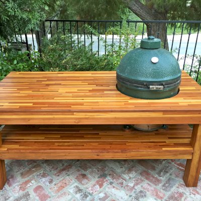 Outdoor Table With Built In Grill (Options: 6' L, 34 1/2" W, Mosaic Redwood, Two Shelves, Squared Corners, 32"H, 21 1/2-inch Grill Opening, 16-inch Grill Support Shelf Height, Transparent Premium Sealant). Legs aligned to tabletop by custom request. Photo Courtesy of Christopher Barty of Irvine, CA.