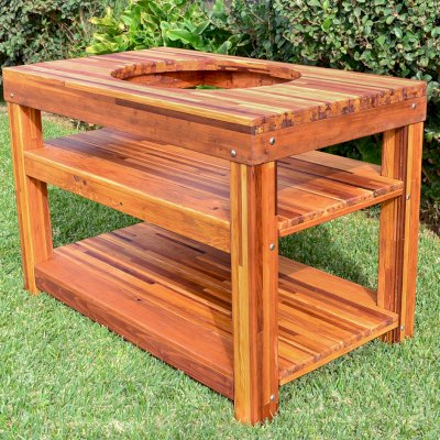 Outdoor Table With Built In Grill (Options: 6' L, 28 3/4" W, Mosaic Redwood, Add Extra Shelv, Rounded Corners, 30"H, 18-inch Grill Opening, 20-inch Grill Support Shelf Height, Transparent Premium Sealant). Legs aligned to tabletop by custom request.