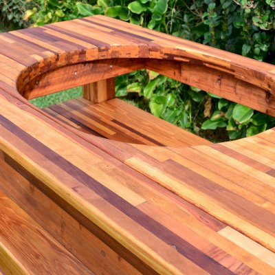 Outdoor Table With Built In Grill (Options: 6' L, 28 3/4" W, Mosaic Redwood, Two Shelves, Rounded Corners, 30"H, 18-inch Grill Opening, 20-inch Grill Support Shelf Height, Transparent Premium Sealant). Legs aligned to tabletop by custom request.