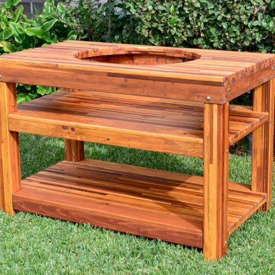 Outdoor Table With Built In Grill (Options: 6' L, 28 3/4" W, Mosaic Redwood, Add Extra Shelv, Rounded Corners, 30"H, 18-inch Grill Opening, 20-inch Grill Support Shelf Height, Transparent Premium Sealant). Legs aligned to tabletop by custom request.