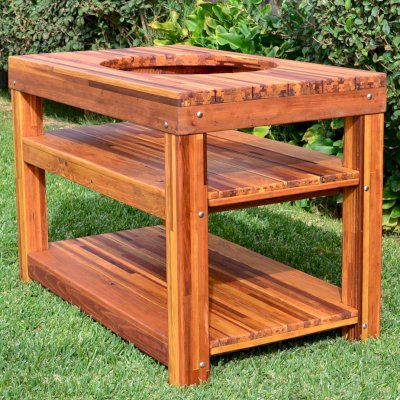 Outdoor Table With Built In Grill (Options: 6' L, 28 3/4" W, Mosaic Redwood, Two Shelves, Rounded Corners, 30"H, 18-inch Grill Opening, 20-inch Grill Support Shelf Height, Transparent Premium Sealant). Legs aligned to tabletop by custom request.