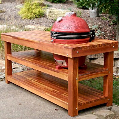 Outdoor Table With Built In Grill (Options: 7' L, 31 1/2" W, Mosaic Redwood, Two Shelves, Slightly Rounded Corners, 36" H, 22 1/2-inch Grill Opening, 21-inch Grill Support Shelf Height, Transparent Premium Sealant). Legs aligned to tabletop by custom request. Photo Courtesy of R. Veseleny of Canonsburg, PA. 