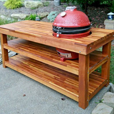 Outdoor Table With Built In Grill (Options: 7' L, 31 1/2" W, Mosaic Redwood, Two Shelves, Slightly Rounded Corners, 36" H, 22 1/2-inch Grill Opening, 21-inch Grill Support Shelf Height, Transparent Premium Sealant). Legs aligned to tabletop by custom request. Photo Courtesy of R. Veseleny of Canonsburg, PA. 