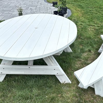 Oval Picnic Table (Options. Oval XL, Unattached Side Benches [Only 1 Bench Shown in Picture], Mosaic Redwood, Standard Tabletop, 2" Umbrella Hole, White Wash Finish). Photo Courtesy of T. Nemec of Medina, OH.