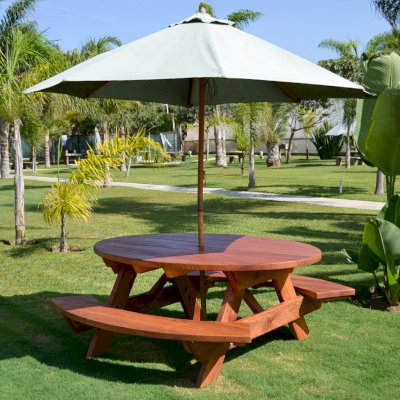 Oval Picnic Table (Options: Oval, Attached Side Benches, California Redwood, Standard Tabletop, Umbrella Hole, Transparent Premium Sealant). Umbrella not included. 