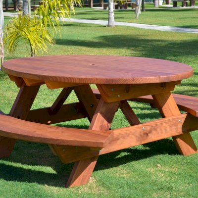 Oval Picnic Table (Options: Oval, Attached Side Benches, California Redwood, Standard Tabletop, Umbrella Hole, Transparent Premium Sealant). 