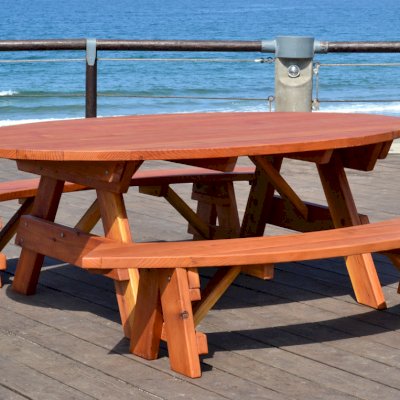 Oval Picnic Table (Options: Oval XL, Unattached Side Benches, California Redwood, Standard Tabletop, No Umbrella Hole, Transparent Premium Sealant). 