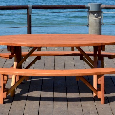 Oval Picnic Table (Options: Oval XL, Unattached Side Benches, California Redwdood, Standard Tabletop, No Umbrella Hole, Transparent Premium Sealant). 