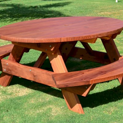 Oval Picnic Table (Options: Oval, Attached Side Benches, California Redwood, Standard Tabletop, Umbrella Hole, Transparent Premium Sealant). 