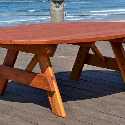 Oval Picnic Table (Options: Oval XL, No Seating, California Redwdood, Standard Tabletop, No Umbrella Hole, Transparent Premium Sealant). 