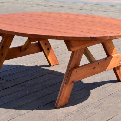 Oval Picnic Table (Options. Oval XL, No Seating, California Redwood, Standard Tabletop, No Umbrella Hole, Transparent Premium Sealant). 