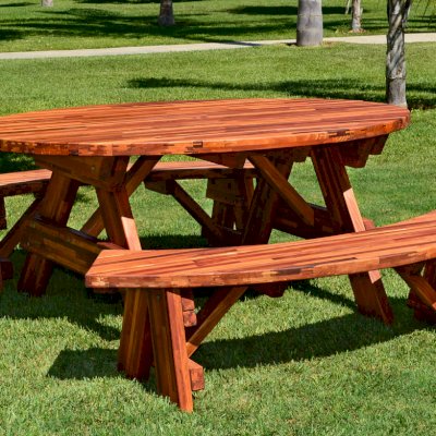 Oval Picnic Table (Options. Oval XL, Unattached Side Benches, Mosaic Redwood, Standard Tabletop, Umbrella Hole, Transparent Premium Sealant). 