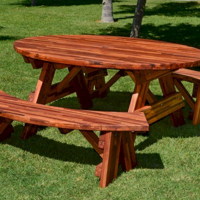 Oval Picnic Table (Options. Oval XL, Unattached Side Benches, Mosaic Redwood, Standard Tabletop, Umbrella Hole, Transparent Premium Sealant). 