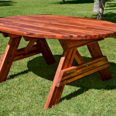 Oval Picnic Table (Options. Oval XL, No Seating, Mosaic Redwood, Standard Tabletop, Umbrella Hole, Transparent Premium Sealant). 