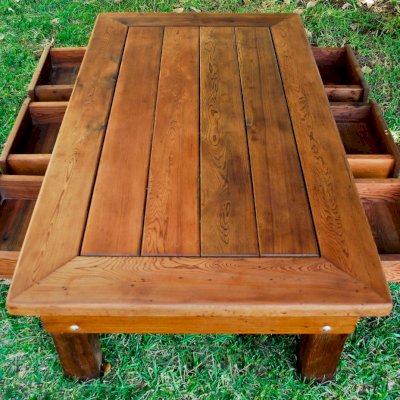 Oversized Coffee Table (Options: 72" x 36" x 18" H, Old-Growth Redwood, 6 Drawers, Transparent Premium Sealant).