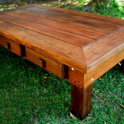 Oversized Coffee Table (Options: 72" x 36" x 18" H, Old-Growth Redwood, Standard Tabletop, 6 Drawers, Transparent Premium Sealant).